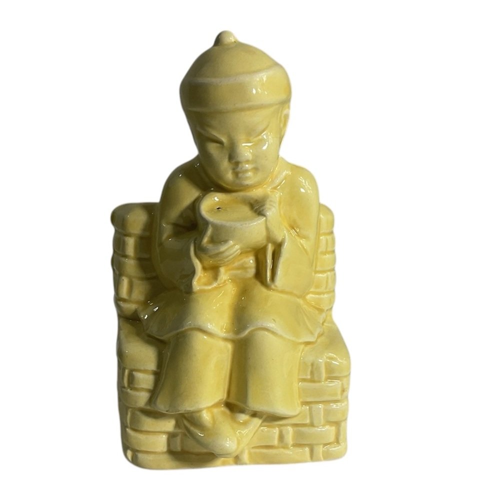 Vintage Oriental Asian Boy With Rice Bowl Planter Fredericksburg Pottery Ceramic